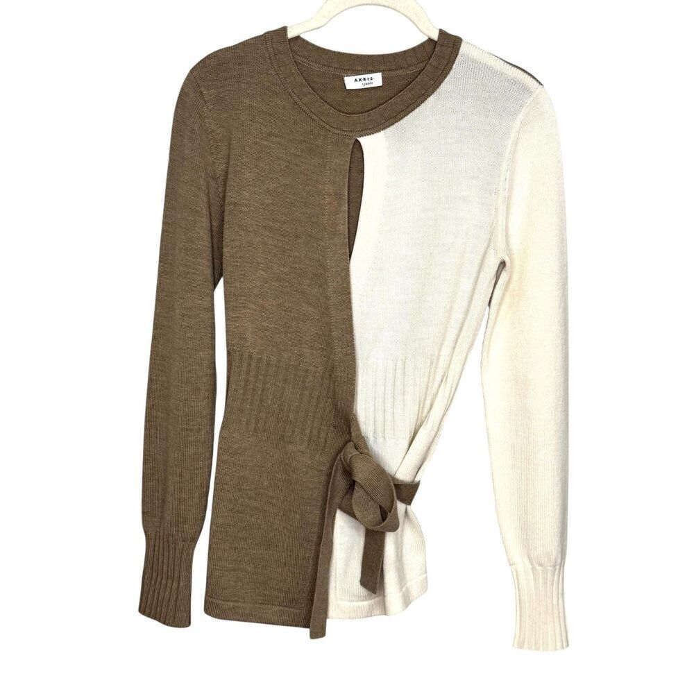 Akris Punto Sweater Womens 2 Brown White Wool Colorblock Tie Waist Long Sleeve
